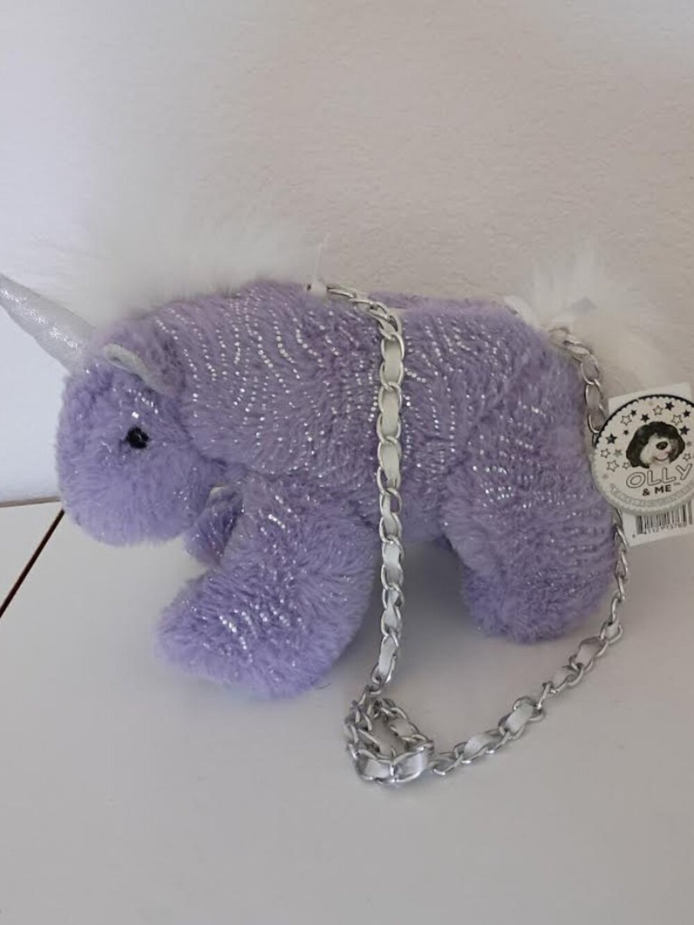 OLLY & ME UNICORN PLUSH KIDS' PURSE CHAIN STRAP LAVENDER SILVER WAVE DOT NWT